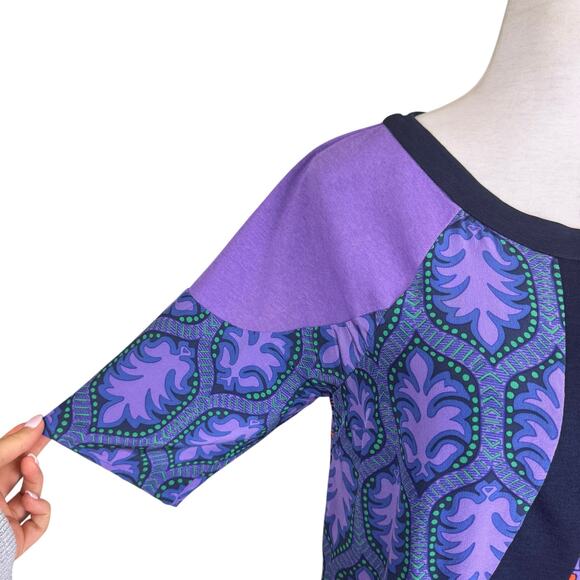 Tracy Reese 100% Silk Purple Pattern 3/4 Sleeve Lightweight Breezy Colorful Top - Picture 5 of 11
